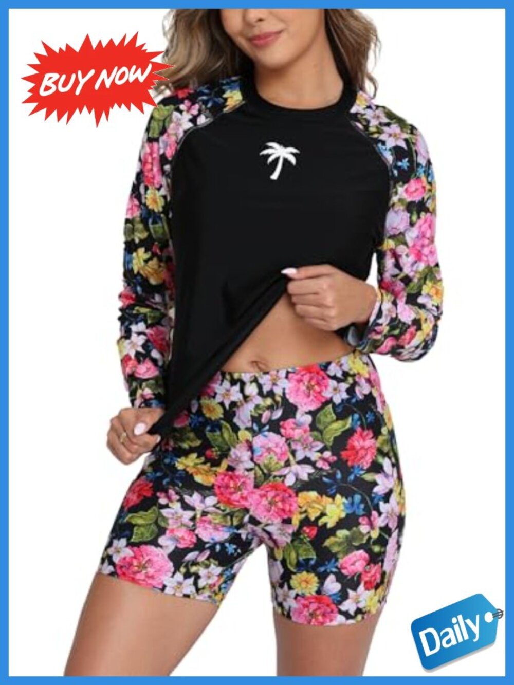 Long Sleeve Rash Guard Set Built in Bra High Rise Boyshort UPF 50+